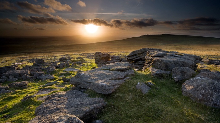 grass, sky, stones, sheep, nature, Scotland, UK, hill, sunset, clouds, landscape