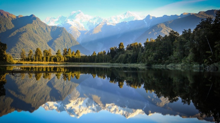 mirrored, New Zealand, hill, lake, reflection, trees, nature, snowy peak, forest, sky, mountain, water, sunlight, landscape