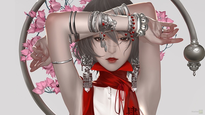anime girls, silver, scarf, bracelets