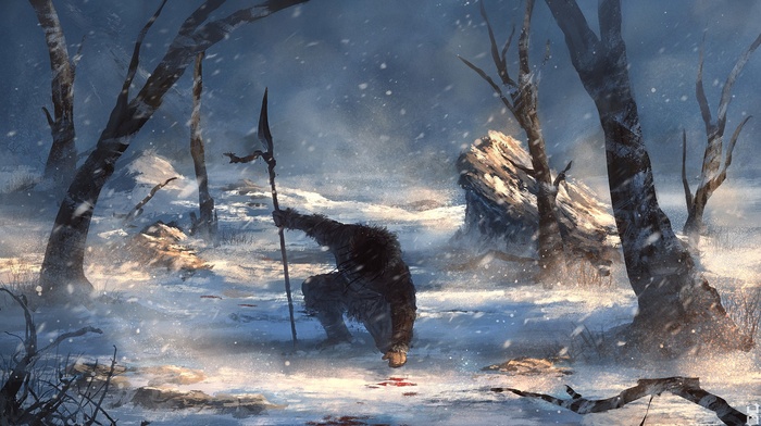 fantasy art, winter, spear, warrior