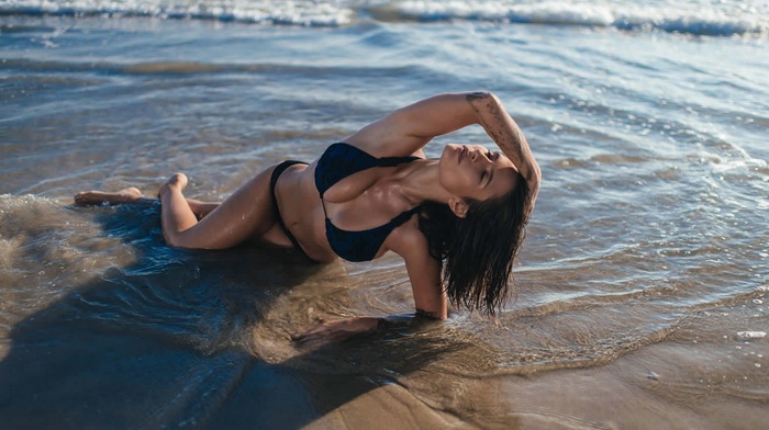 bikini, girl, sand, model, sea, Shay Maria, tattoo, wet hair, wet body