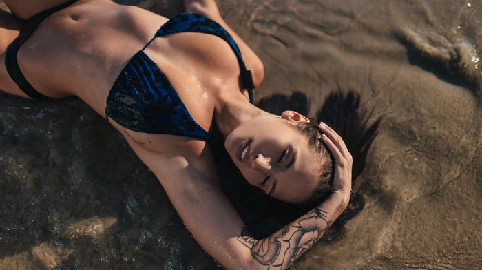 sand, bikini, tattoo, model, Shay Maria, girl, wet hair, sea, wet body