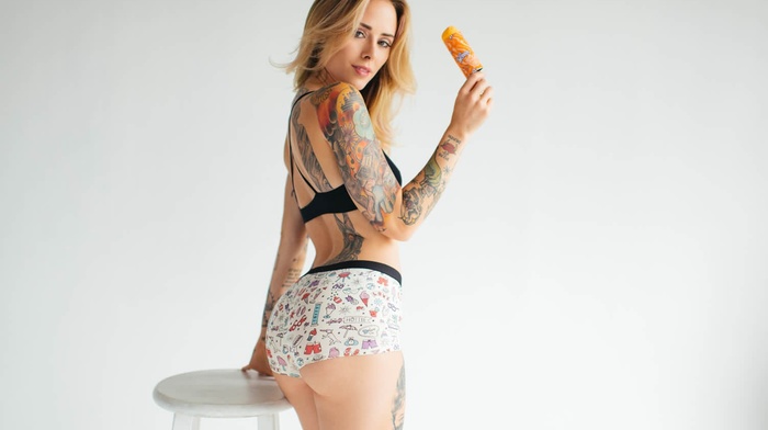 simple background, ass, Alysha Nett, tattoo, bra, shorts, blonde, girl