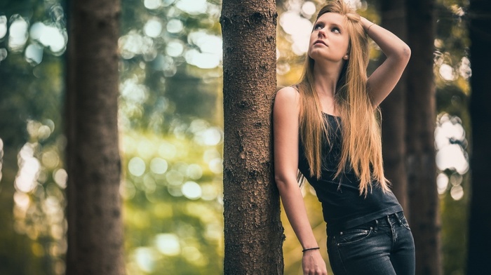 blonde, forest, jeans, girl, trees, tank top, hands in hair, depth of field, long hair