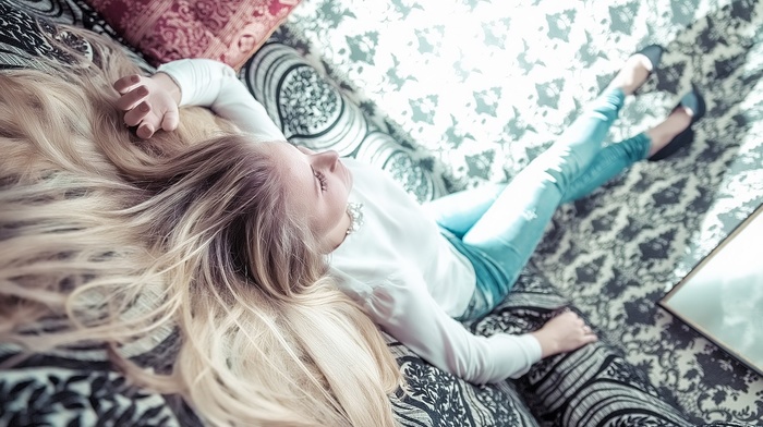 depth of field, blonde, jeans, long hair, girl, closed eyes, lying down