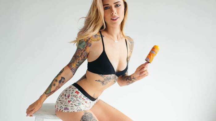 bra, model, simple background, girl, Alysha Nett, shorts, tattoo