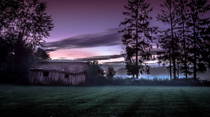 mist, cottage, hut, trees, old, landscape, Norway, nature, grass, clouds, sunset