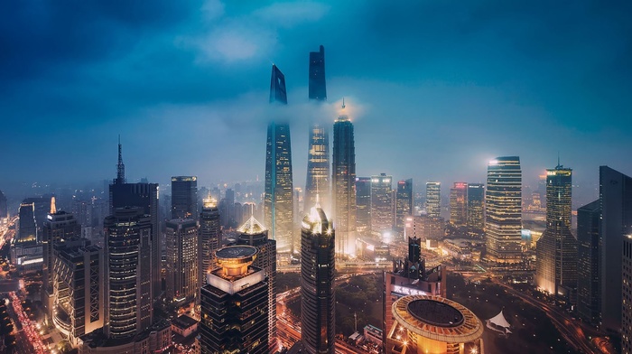 city lights, city, skyscraper, night, Shanghai