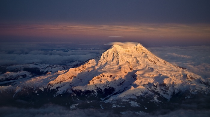 mountain, Mount Rainier, dusk, aerial view