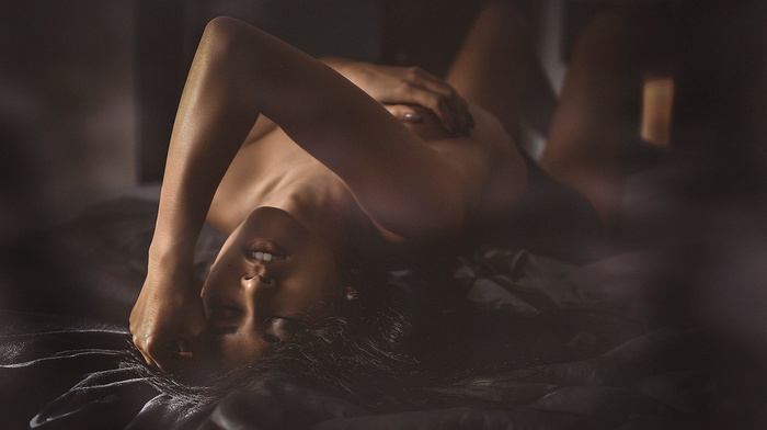arms on chest, no bra, closed eyes, brunette, hands on head, Alex Heitz, strategic covering, in bed, long hair, model, girl