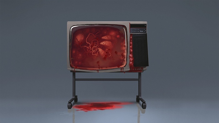digital art, simple background, television sets, blood, TV, vintage