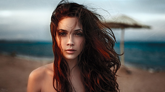 windy, brown eyes, portrait, model, Georgiy Chernyadyev, beach, brunette, sea, girl, depth of field