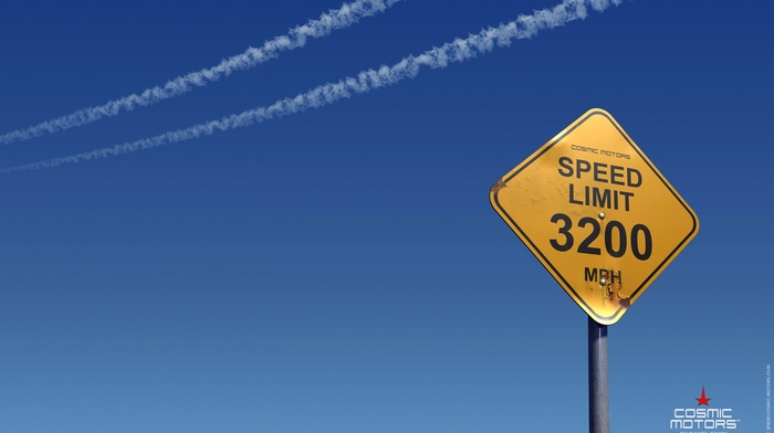 numbers, warning signs, clear sky, speed, limit, road sign, minimalism, signs, Cosmic Motors, blue background, contrails