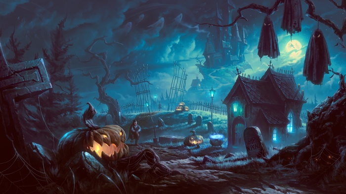 Halloween, forest, artwork, pumpkin, fantasy art