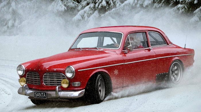 drift, Volvo, car, Santa Claus, humor, santa, snow