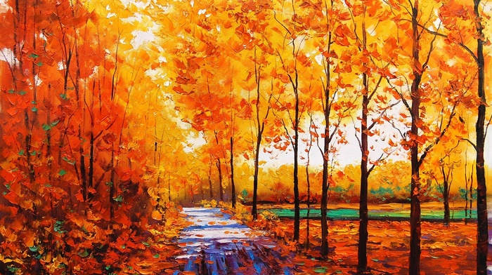 oil painting, fall, painting, trees, stream, forest