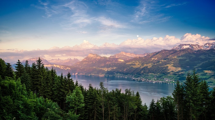 nature, city, clouds, Switzerland, trees, summer, landscape, lake, mountain, forest, sunset