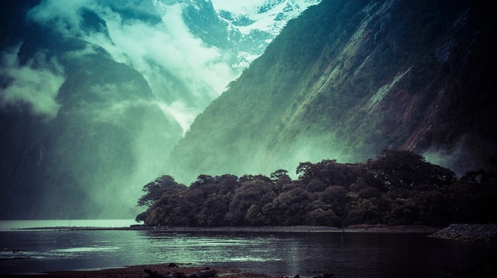 clouds, fjord, landscape, New Zealand, trees, mountain, mist, Milford Sound, snowy peak, nature, morning, rain