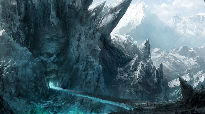 nature, mountain, dark, ice, fantasy art, digital art, path, landscape, rock, snow, winter