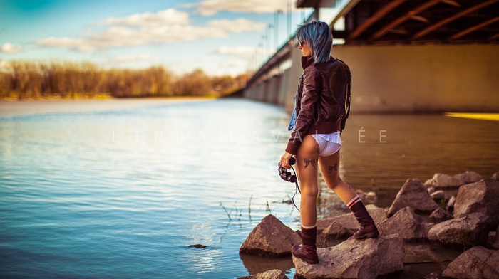 girl, rock, tattoos, boots, underwear, river, leather jackets, girl outdoors, bridge