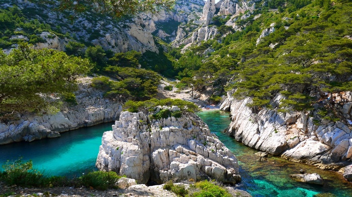 summer, nature, water, landscape, France, rock, trees, coves, mountain, limestone, turquoise, beach