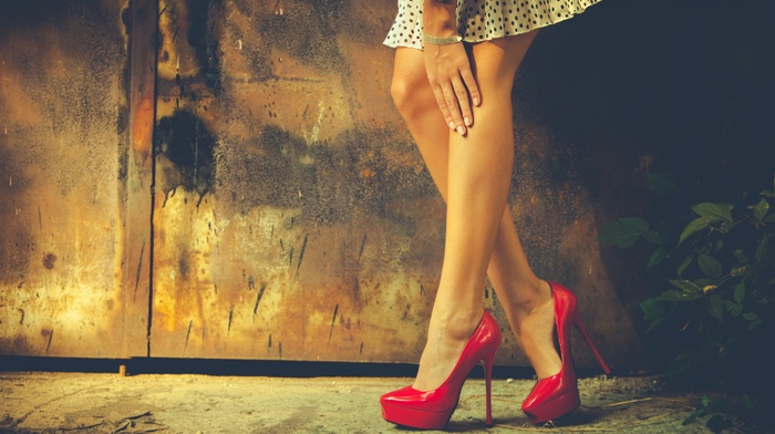 Hands on legs, polka dots, red heels, skirt, heels, girl, legs