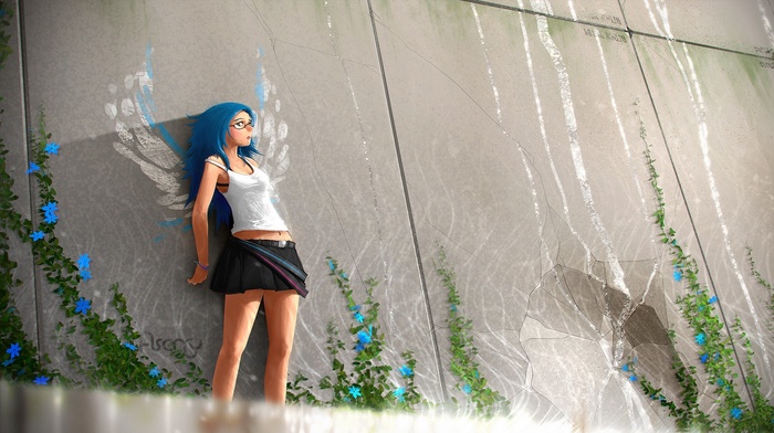 blue hair, anime girls, artwork, glasses