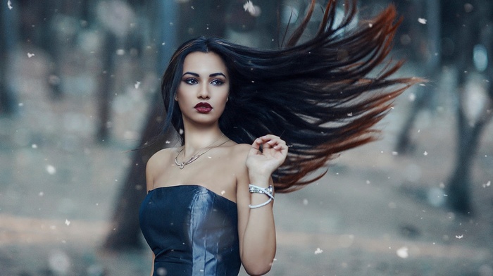 nature, blue dress, Alessandro Di Cicco, model, long hair, brunette, girl, trees, juicy lips, girl outdoors, looking away, windy, red lipstick, bare shoulders, open mouth