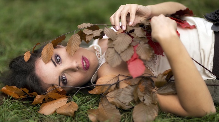 nature, bare shoulders, open mouth, girl outdoors, leaves, fall, model, grass, girl, lying on back, looking at viewer, depth of field, brunette, brown eyes, field, long hair
