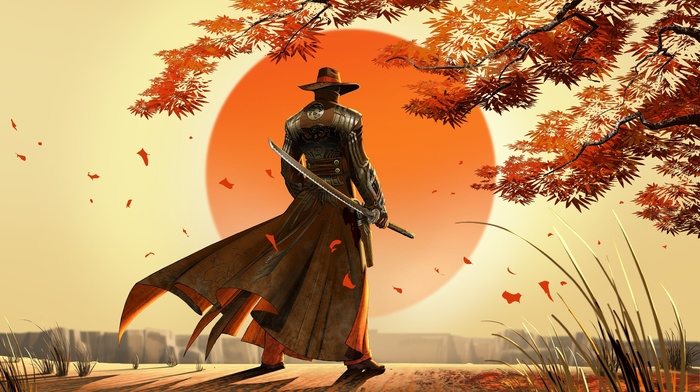 Japan, artwork, fantasy art, cowboys, samurai