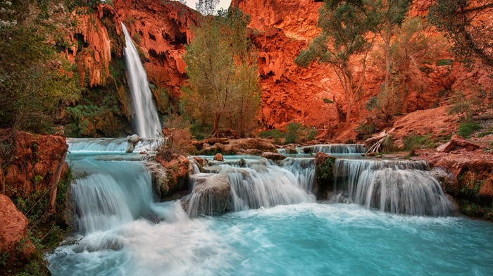 picnic, nature, rock, cliff, Arizona, landscape, waterfall, trees, erosion, red, pond, blue