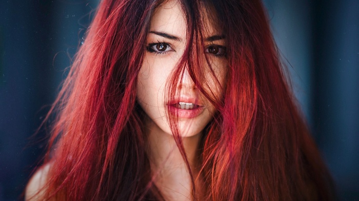girl, open mouth, Delaia Gonzalez, depth of field, redhead, portrait, long hair, looking at viewer, straight hair, face, eyes