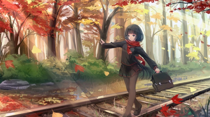 scarf, school uniform, black hair, pantyhose, anime girls, leaves, original characters, long hair, trees, fall