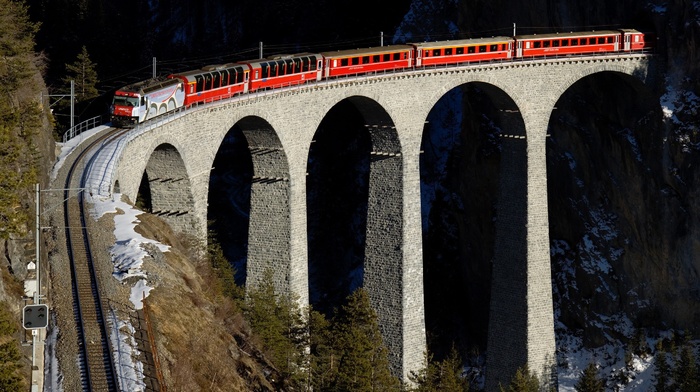 mountain, train, arch, winter, railway, Switzerland, trees, snow, bridge, nature, hill, forest