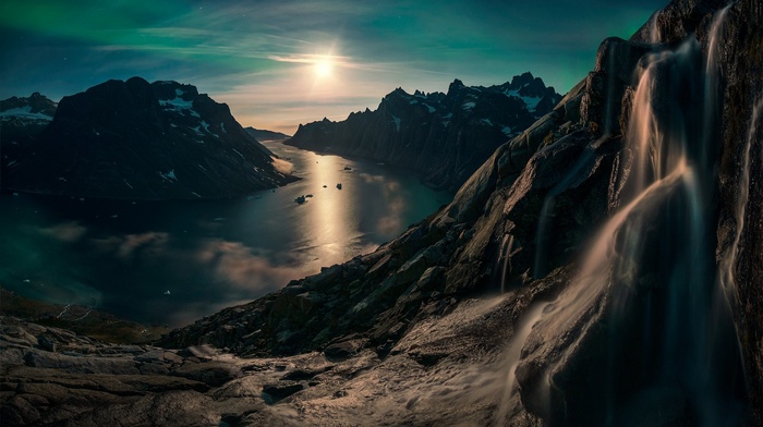 snowy peak, landscape, fjord, sky, Greenland, waterfall, nature, moon, nude, mountain, reflection, moonlight, stars