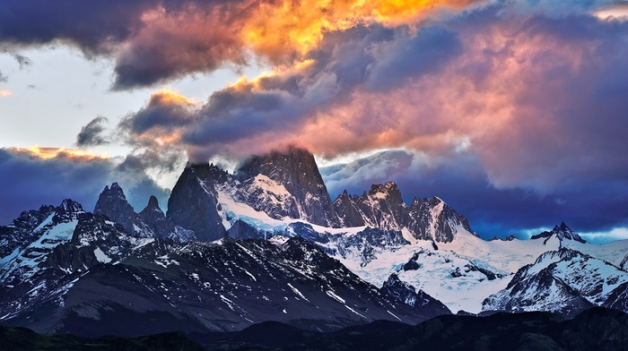 sky, snowy peak, landscape, mountain, sunset, clouds, nature