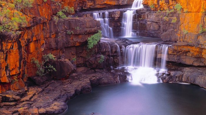 pond, landscape, rock, nature, Australia, shrubs, waterfall