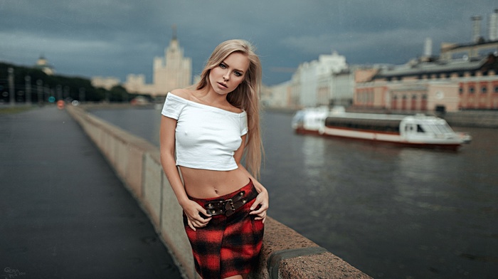 skirt, blonde, nipples, belly, girl, nipples through clothing, Georgiy Chernyadyev