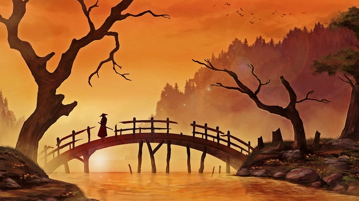 river, katana, forest, men, water, samurai, trees, silhouette, nature, wood, Japanese, bridge, sunlight, digital art, branch, grass, painting, birds, hill