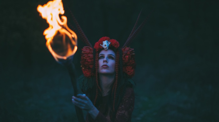 witch, costumes, girl outdoors, fire, girl