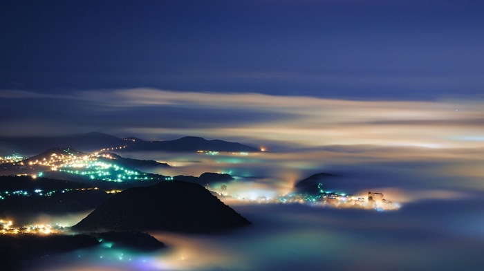 landscape, nature, evening, city, mountain, clouds, lights, Taipei, mist