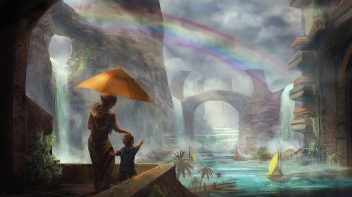 rainbows, water, fantasy art, city