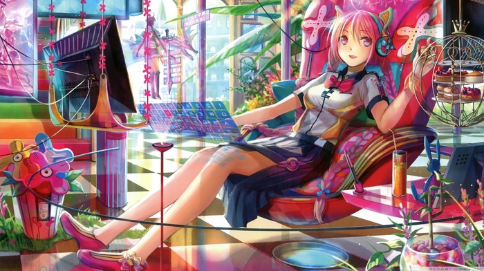 anime girls, nekomimi, Fuji Choko, technology, original characters, pink hair