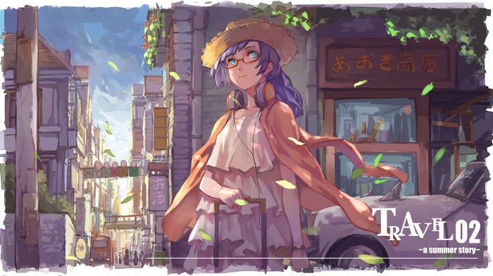 glasses, city, purple hair, original characters