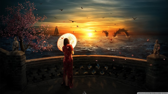 fantasy art, sea monsters, sunset, umbrella