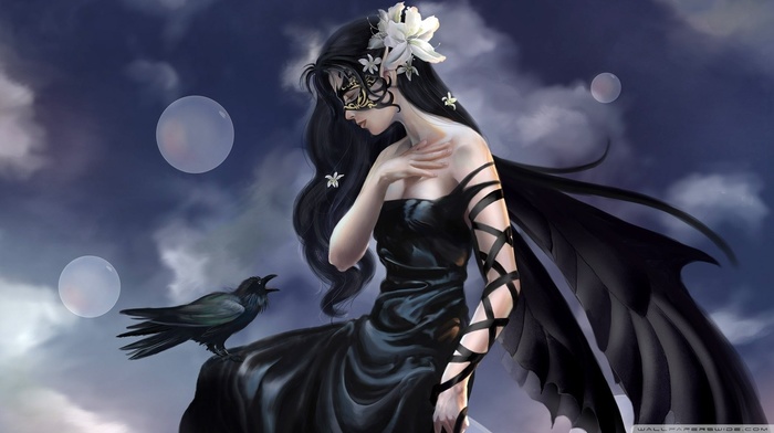 girl, wings, crow, black dress, mask