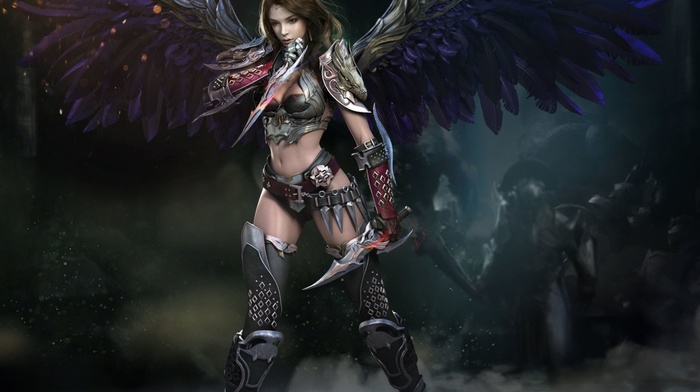 artwork, warrior, anime girls, wings