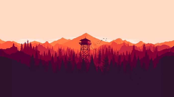 artwork, firewatch, forest, mountain, tower
