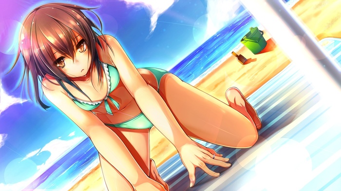 brunette, beach, bikini, Wakaba KanColle, anime, Kantai Collection, anime girls