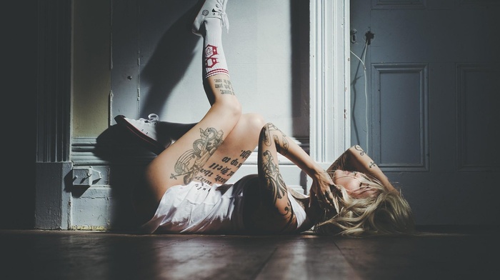 model, Sara Fabel, tattoo, girl, blonde